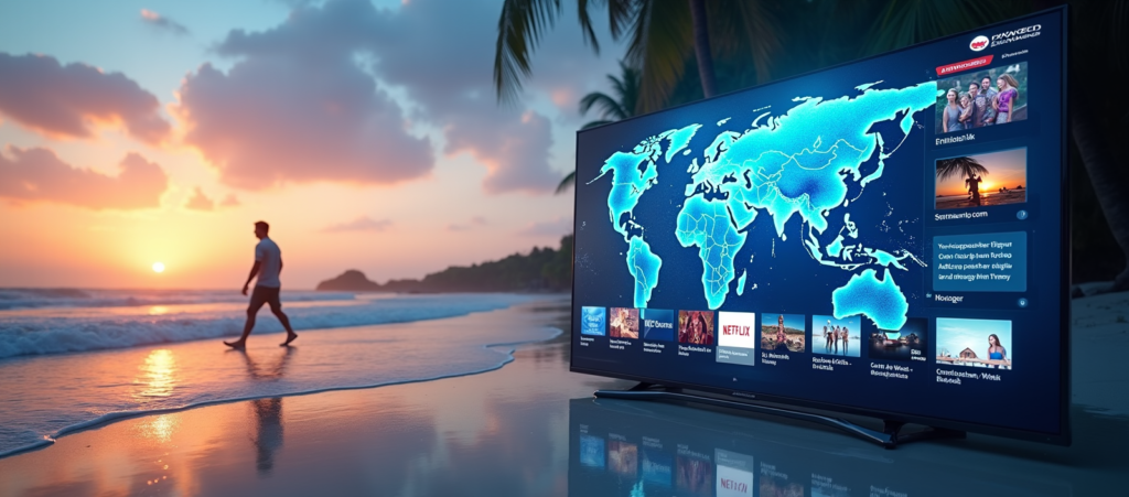 A serene beachside setting where a traveler streams IPTV Dreamland on a tablet, with colorful visuals of movies and live TV channels on the screen. The sunset paints the sky in vivid hues, blending perfectly with the vibrant content displayed. A peaceful and modern take on entertainment accessibility. Photorealistic, ultra-high detail, relaxing mood.